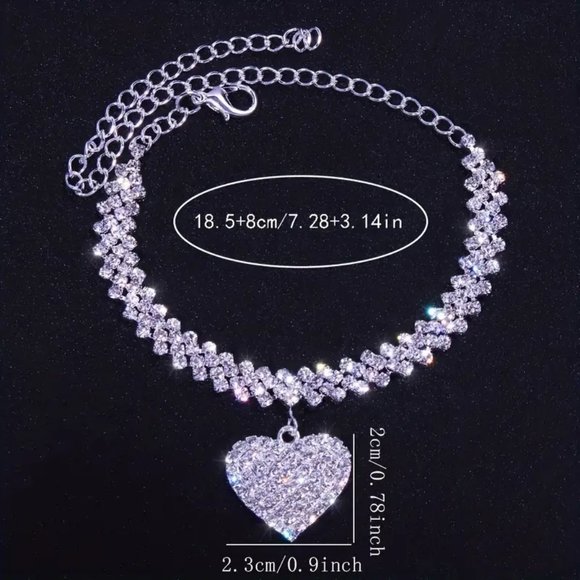 Luxury Design Glitter Rhinestone Heart Love Anklet & Bracelet Set Women's Party - Picture 4 of 5